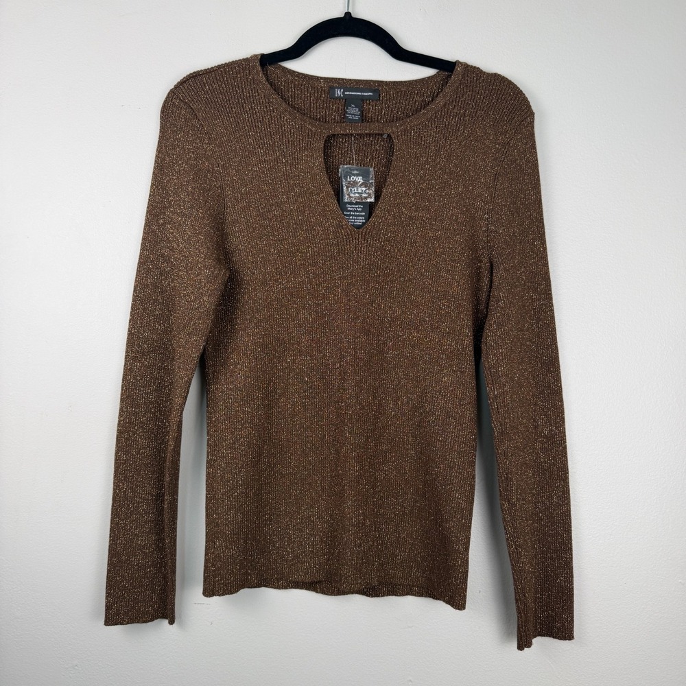 INC International Concepts Sweater Women's XL Brown Metallic Knit Key Hole Neck
